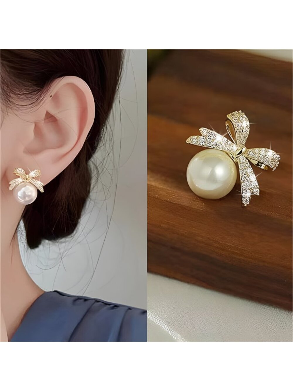 Pearl Bow Earrings for Women Coquette Aesthetic Jewelry Rhinestone Bow Earrings - Picture 3 of 7
